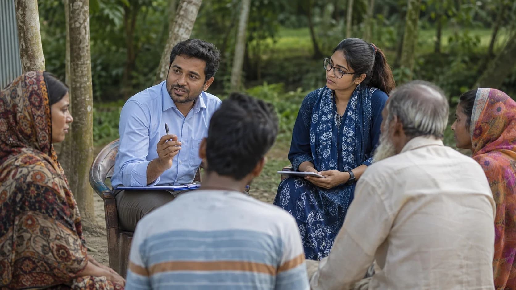Researchers listening to community members in an outdoor discussion